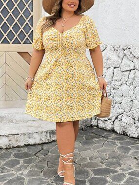 Yellow Floral Ruched Front Summer Dress